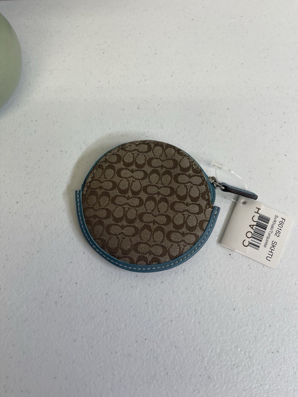 Coach Round Signature Coin Purse Brown Khaki Aqua Zip Case F60162 NWT - Picture 2 of 3